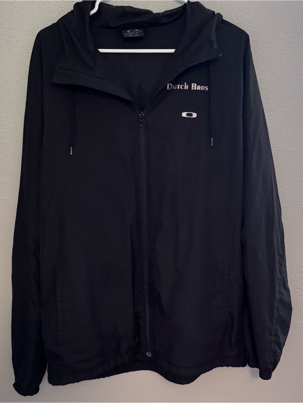 Oakley Black Men's Hooded Windbreaker Jacket - Dutch Bros. Roseburg, Oregon
